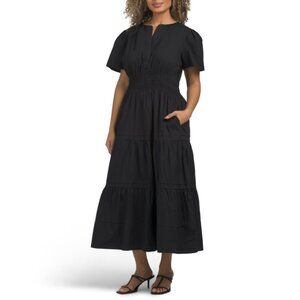 LEA Black Short Sleeve Ruched Waist Maxi Dress